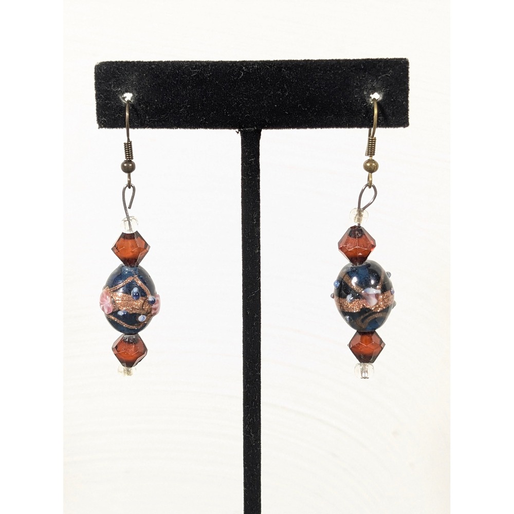 Artisan Murano‎ Style Lampwork Glass Bead Dangle Earrings Bronze Tone Hooks